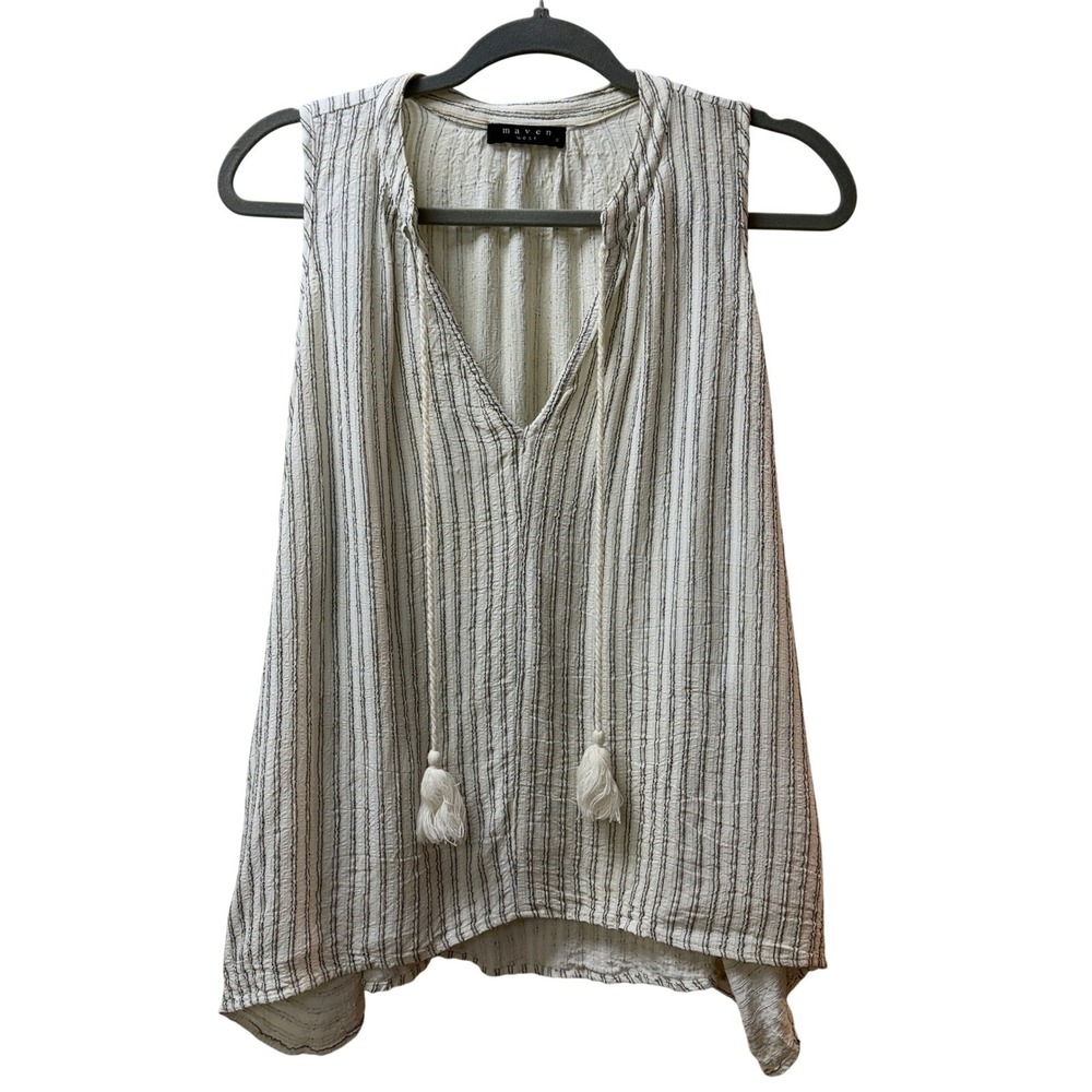Maven‎ West Sleeveless Top Tassel Tie V-Neck Striped Ivory Black Small